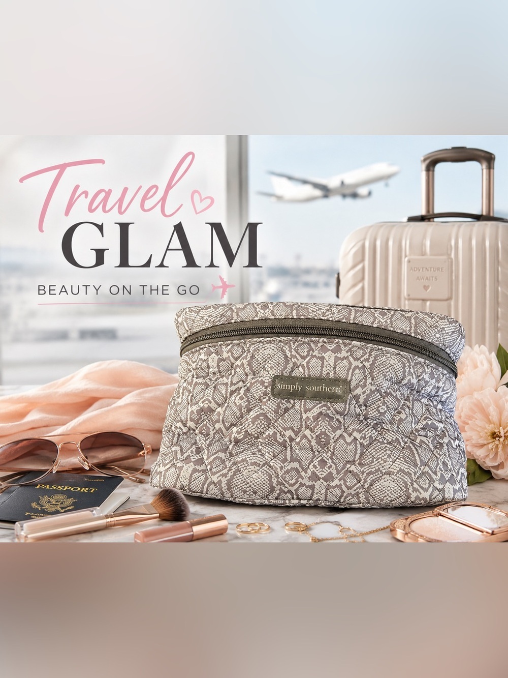 Simply Southern Quilted Snakeskin Print Cosmetic Makeup Travel Bag Gray White